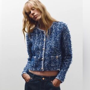 Zara Blue Texture Cotton Knit Blend Long Sleeve Gold Button Fringe Cardigan NWT